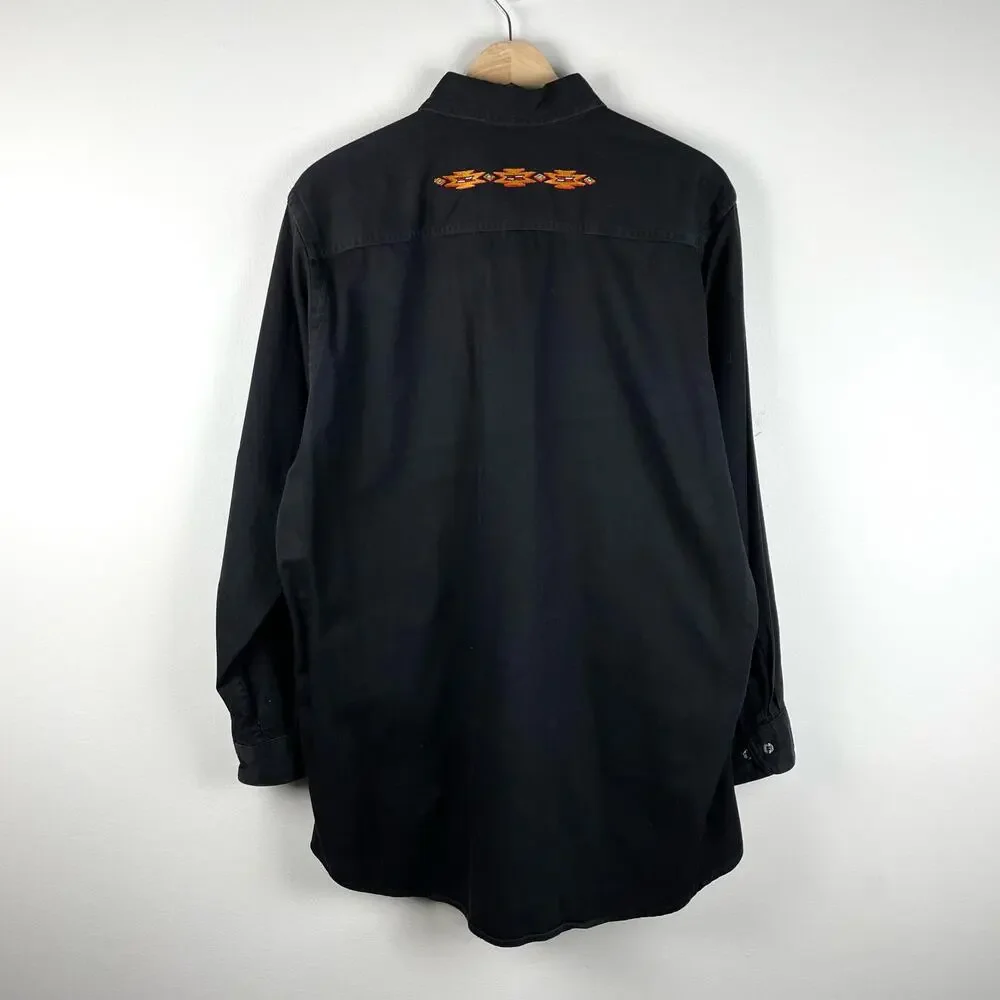 80s Vintage Mens Southwestern Embroidered Button Up Shirt Black Size L